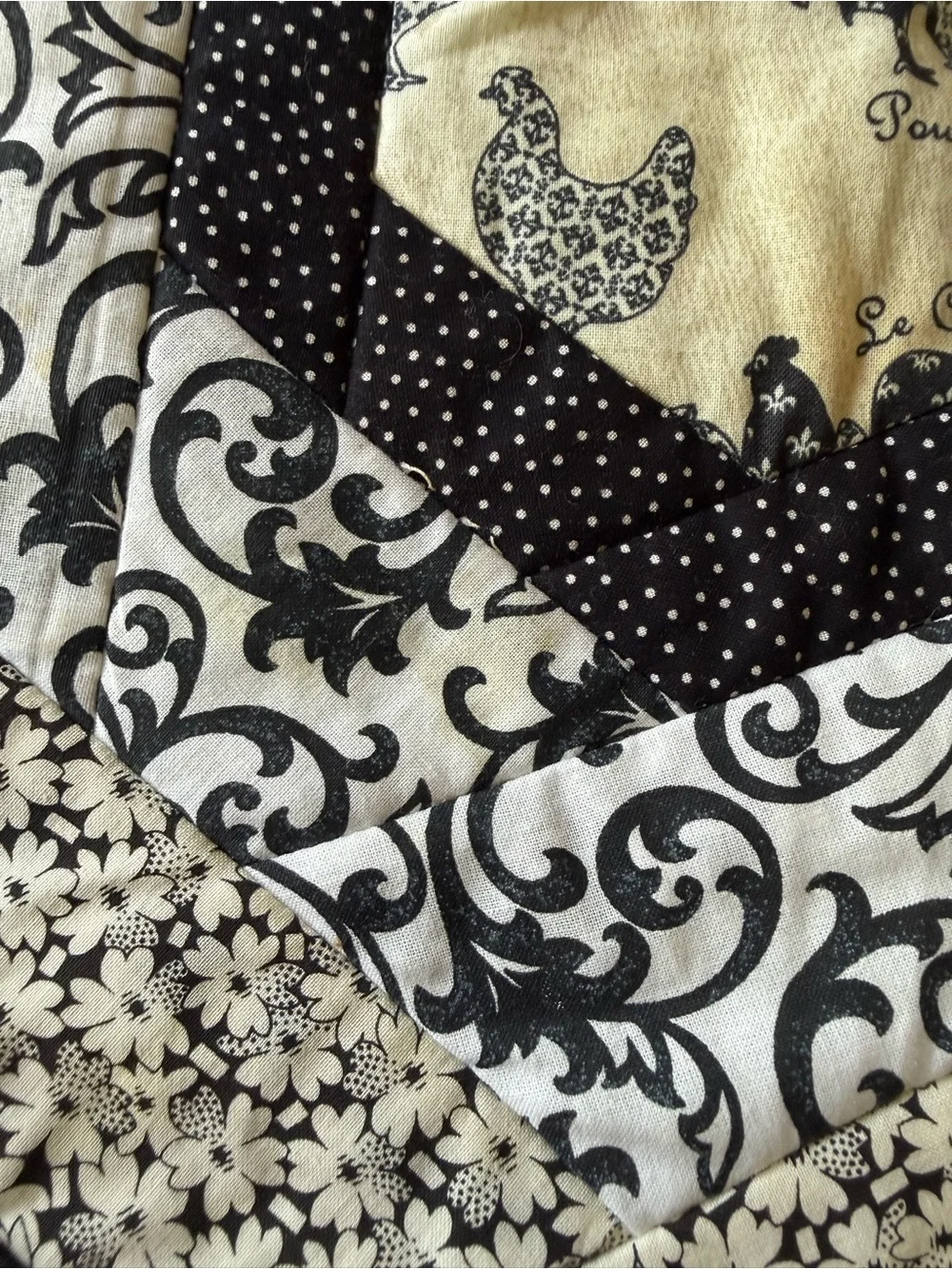 Vintage black white Quilted Chicken Print fabric Table place Mats (set of 3)